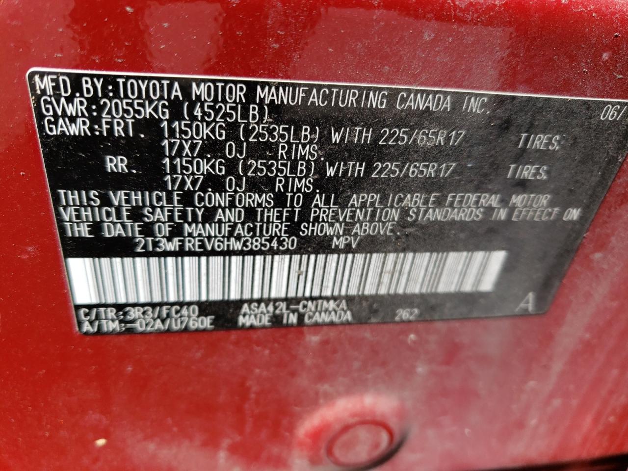 2T3WFREV6HW385430 2017 Toyota Rav4 Xle