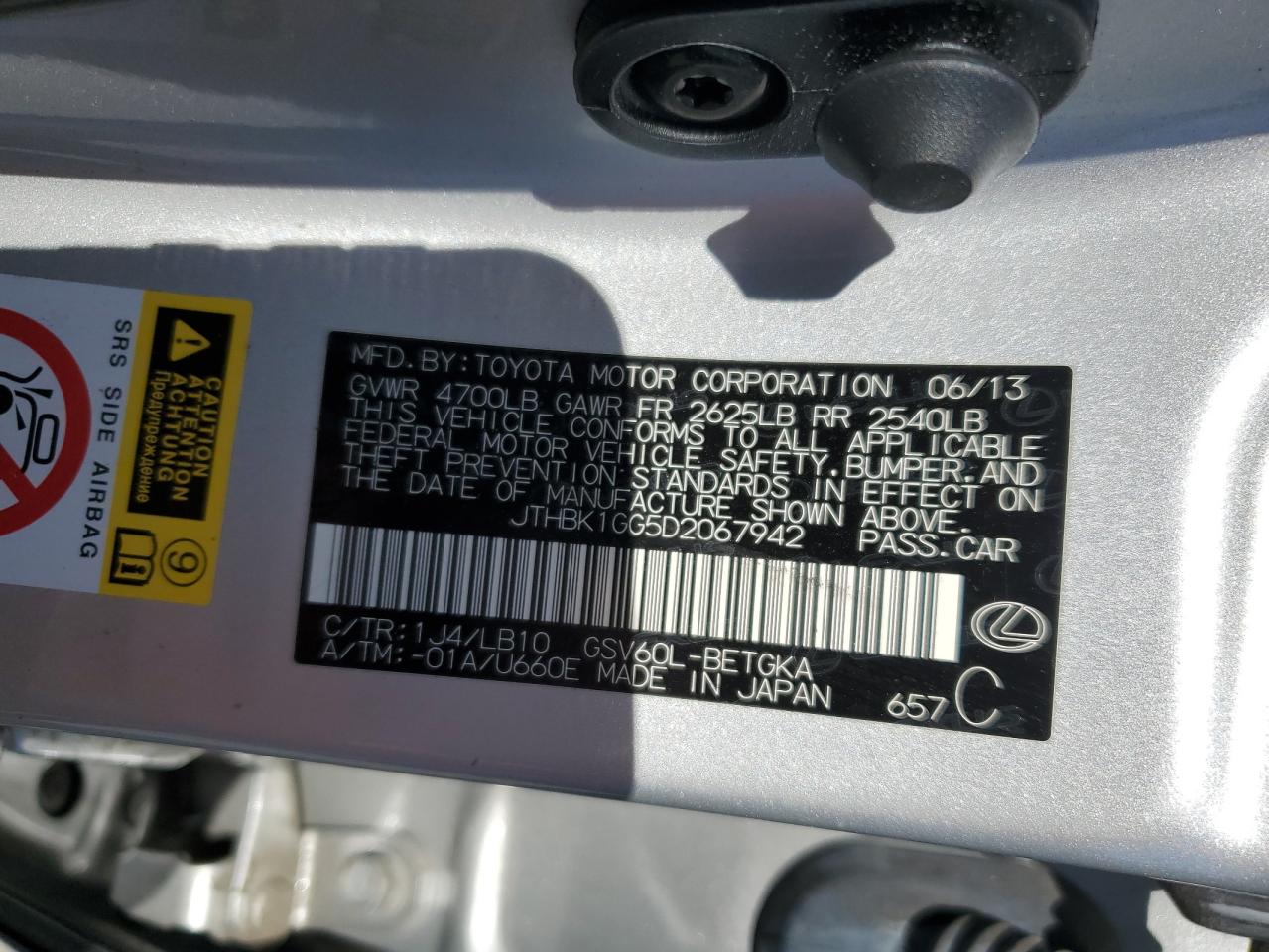 JTHBK1GG5D2067942 2013 Lexus Es 350