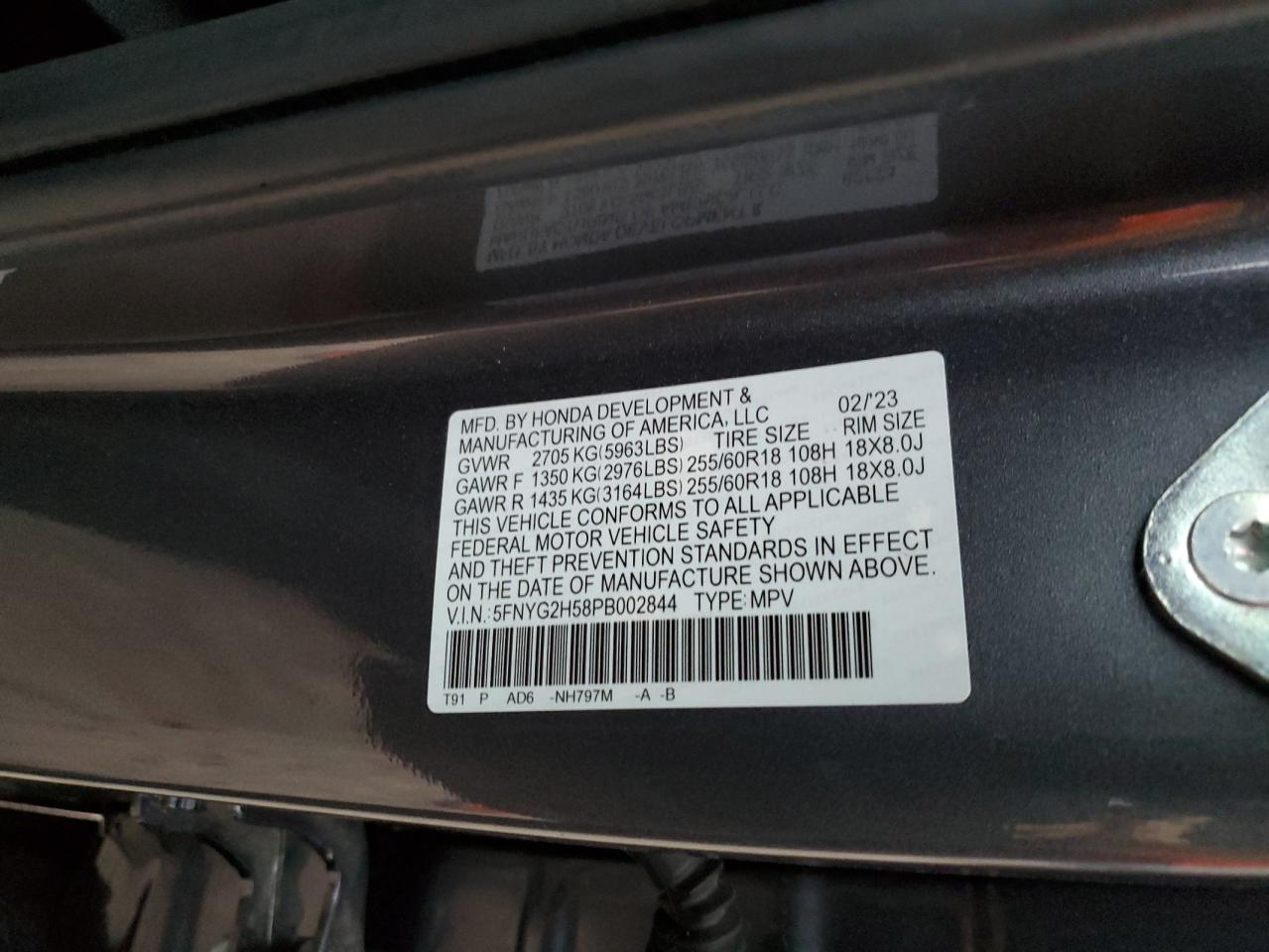 5FNYG2H58PB002844 2023 Honda Pilot Exl