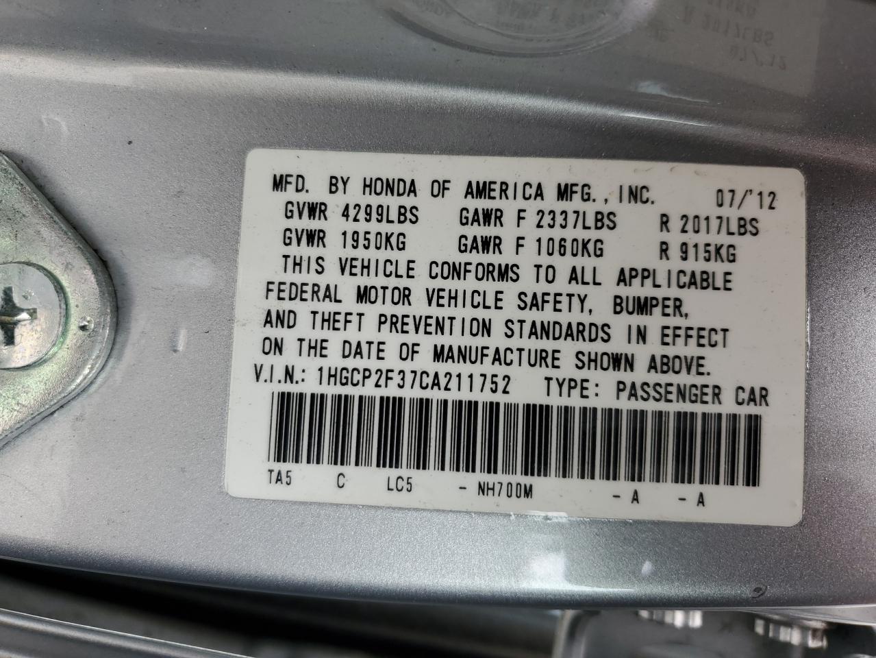 1HGCP2F37CA211752 2012 Honda Accord Lx