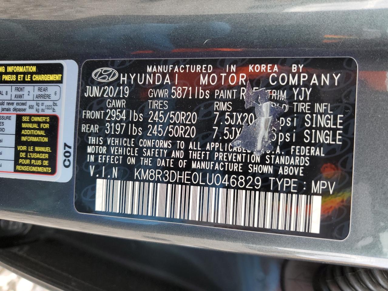 KM8R3DHE0LU046829 2020 Hyundai Palisade Sel