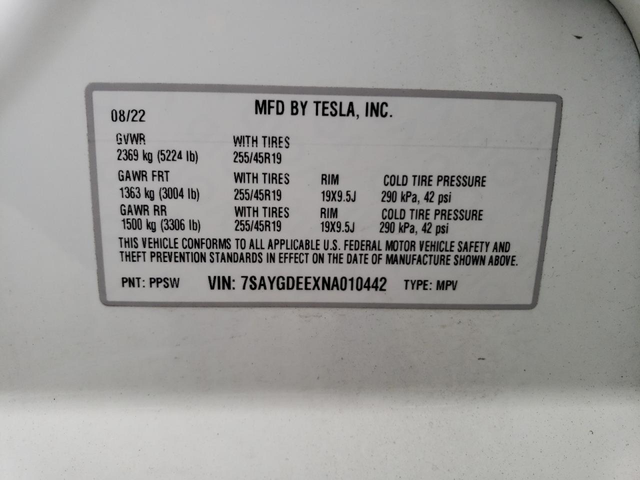 7SAYGDEEXNA010442 2022 Tesla Model Y