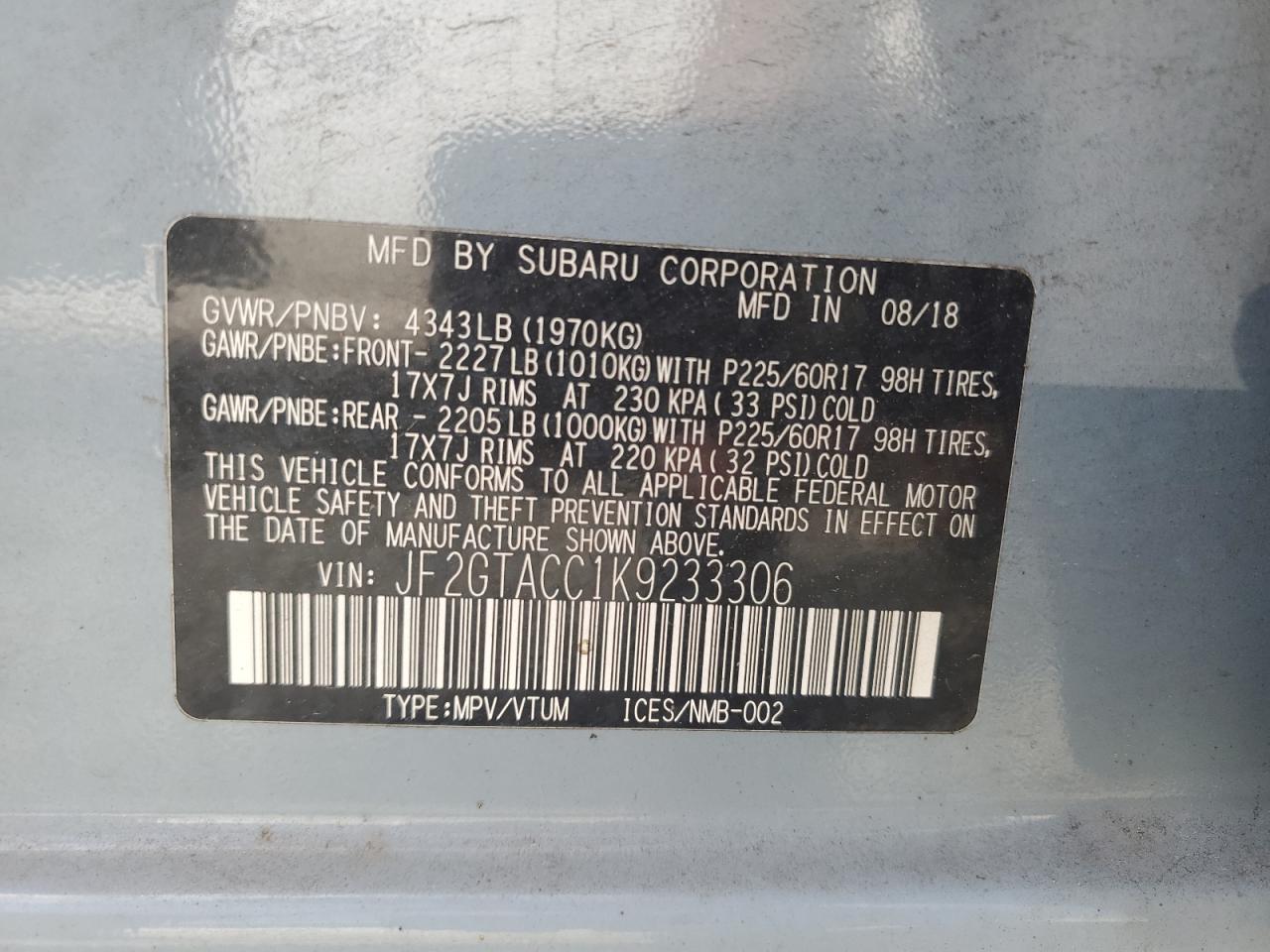 JF2GTACC1K9233306 2019 Subaru Crosstrek Premium