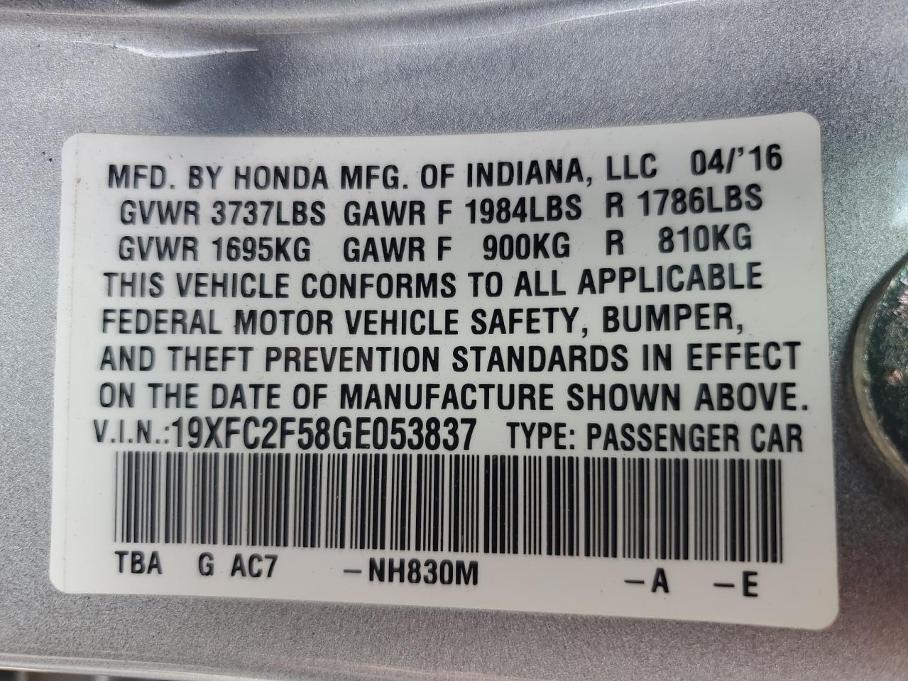 19XFC2F58GE053837 HONDA CIVIC 2016