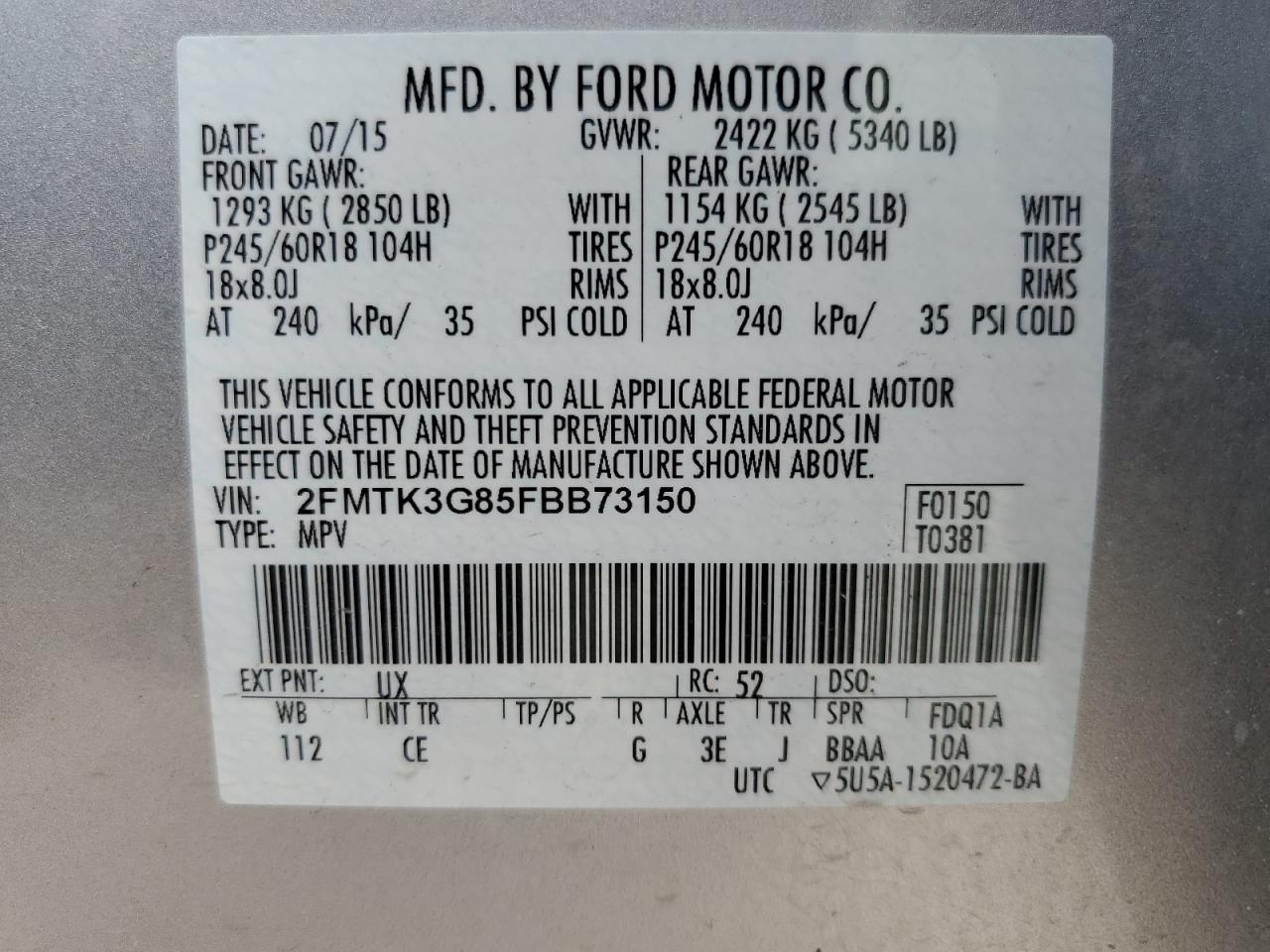 2FMTK3G85FBB73150 2015 Ford Edge Se