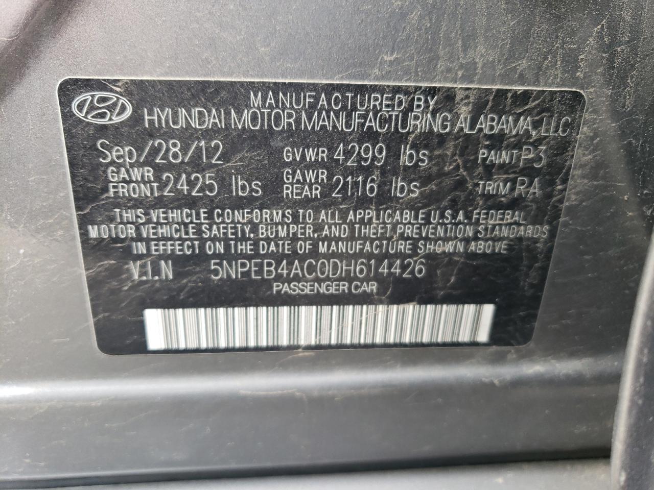 5NPEB4AC0DH614426 2013 Hyundai Sonata Gls