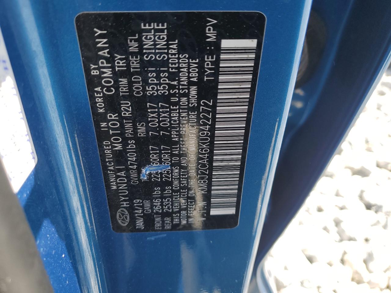 KM8J2CA46KU942272 2019 Hyundai Tucson Se