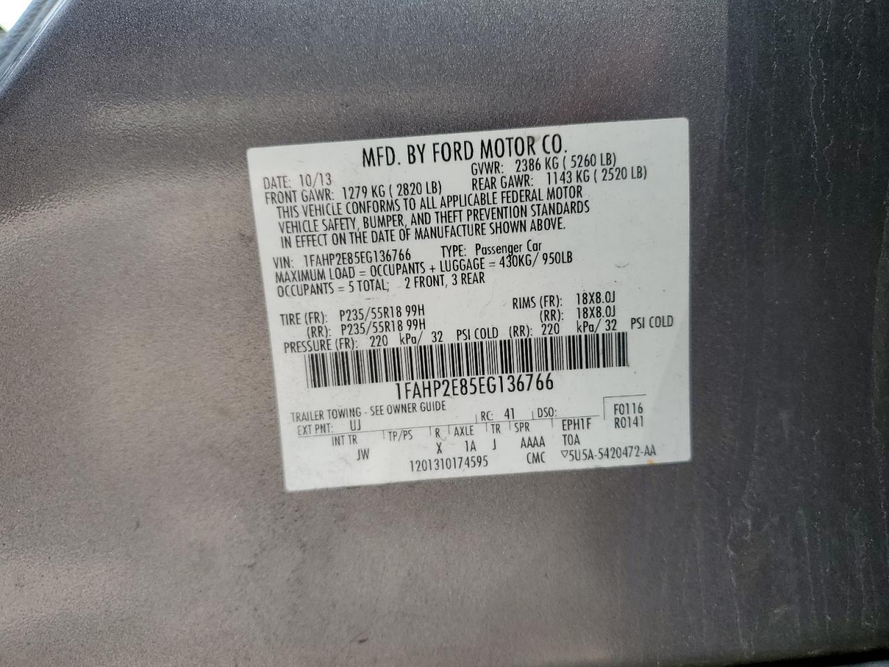 1FAHP2E85EG136766 2014 Ford Taurus Sel