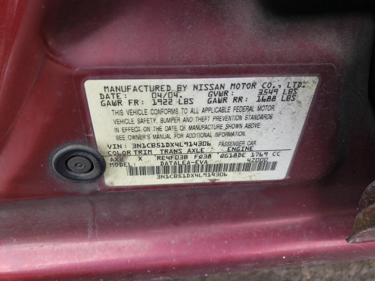 3N1CB51DX4L914306 2004 Nissan Sentra 1.8