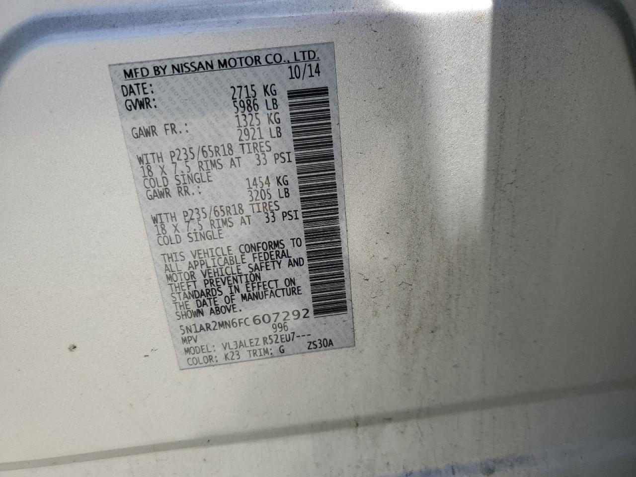 5N1AR2MN6FC607292 2015 Nissan Pathfinder S