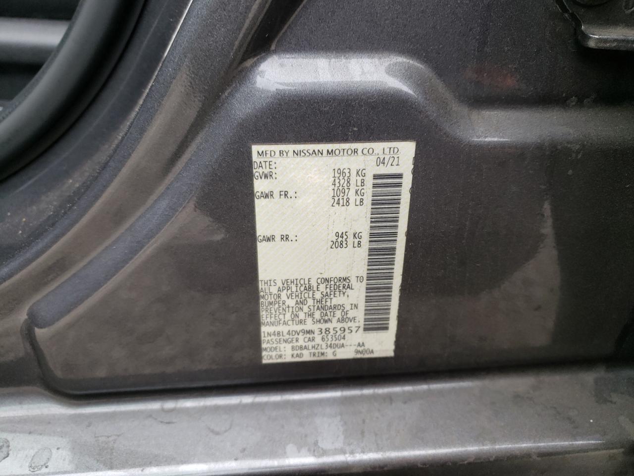 1N4BL4DV9MN385957 2021 Nissan Altima Sv