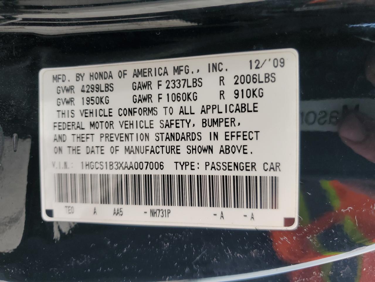 1HGCS1B3XAA007006 2010 Honda Accord Lx