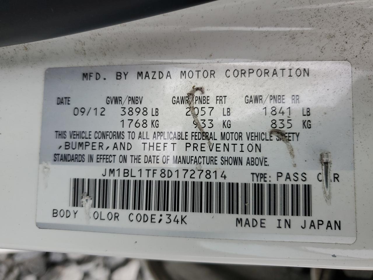 JM1BL1TF8D1727814 2013 Mazda 3 I