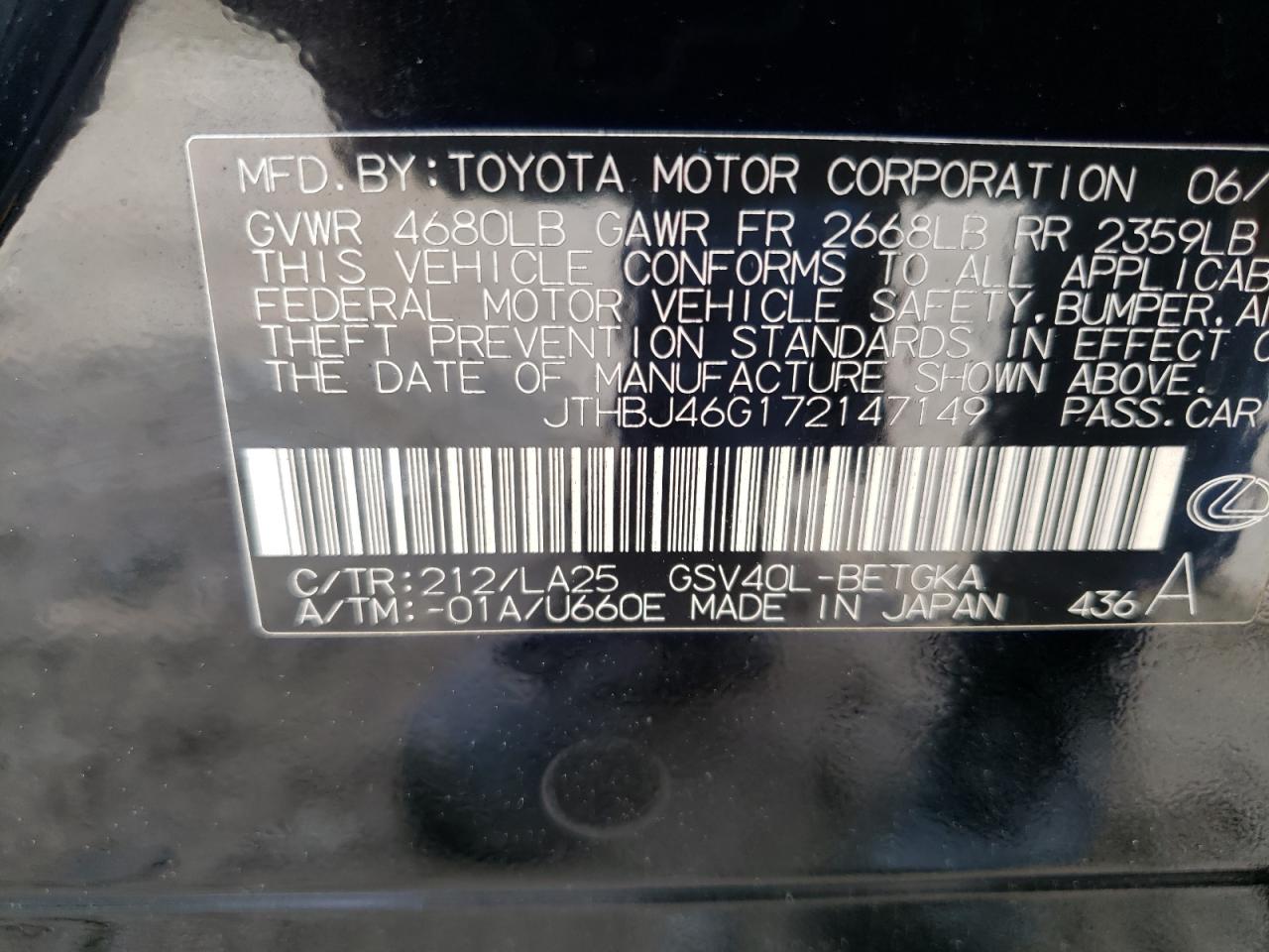 JTHBJ46G172147149 2007 Lexus Es 350