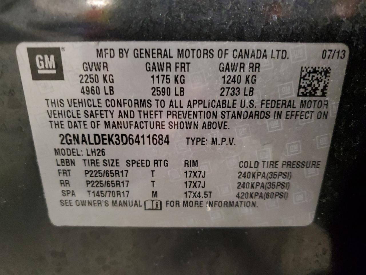 2GNALDEK3D6411684 2013 Chevrolet Equinox Lt