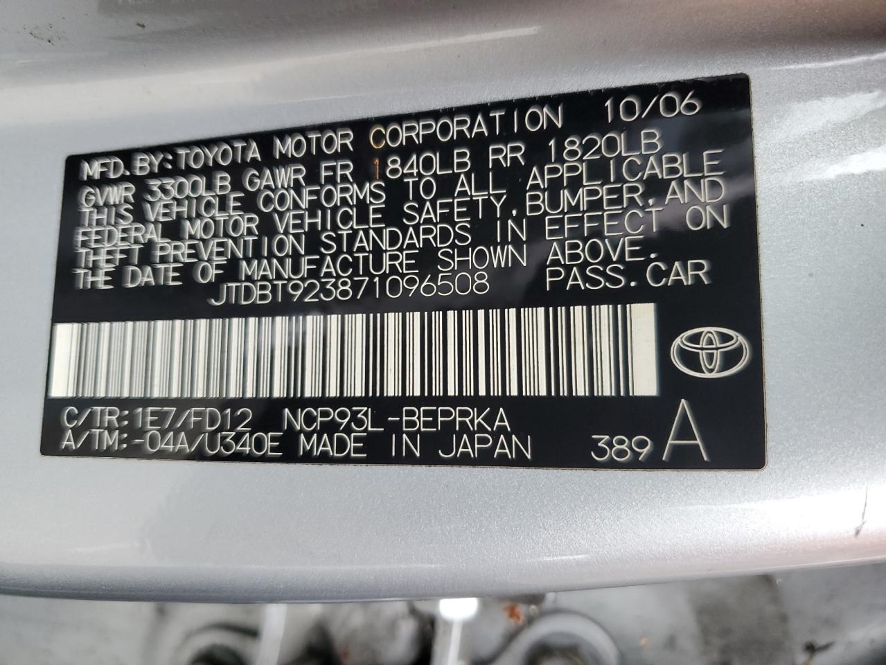 JTDBT923871096508 2007 Toyota Yaris