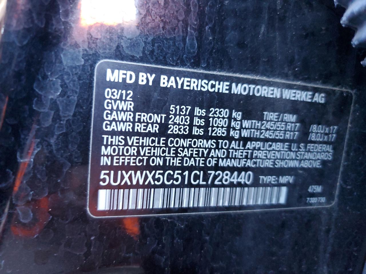 5UXWX5C51CL728440 2012 BMW X3 xDrive28I