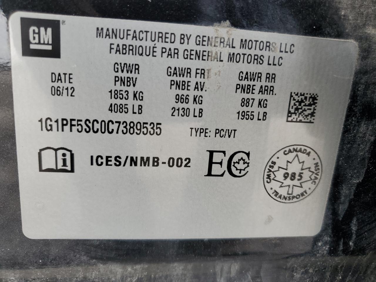 1G1PF5SC0C7389535 2012 Chevrolet Cruze Lt