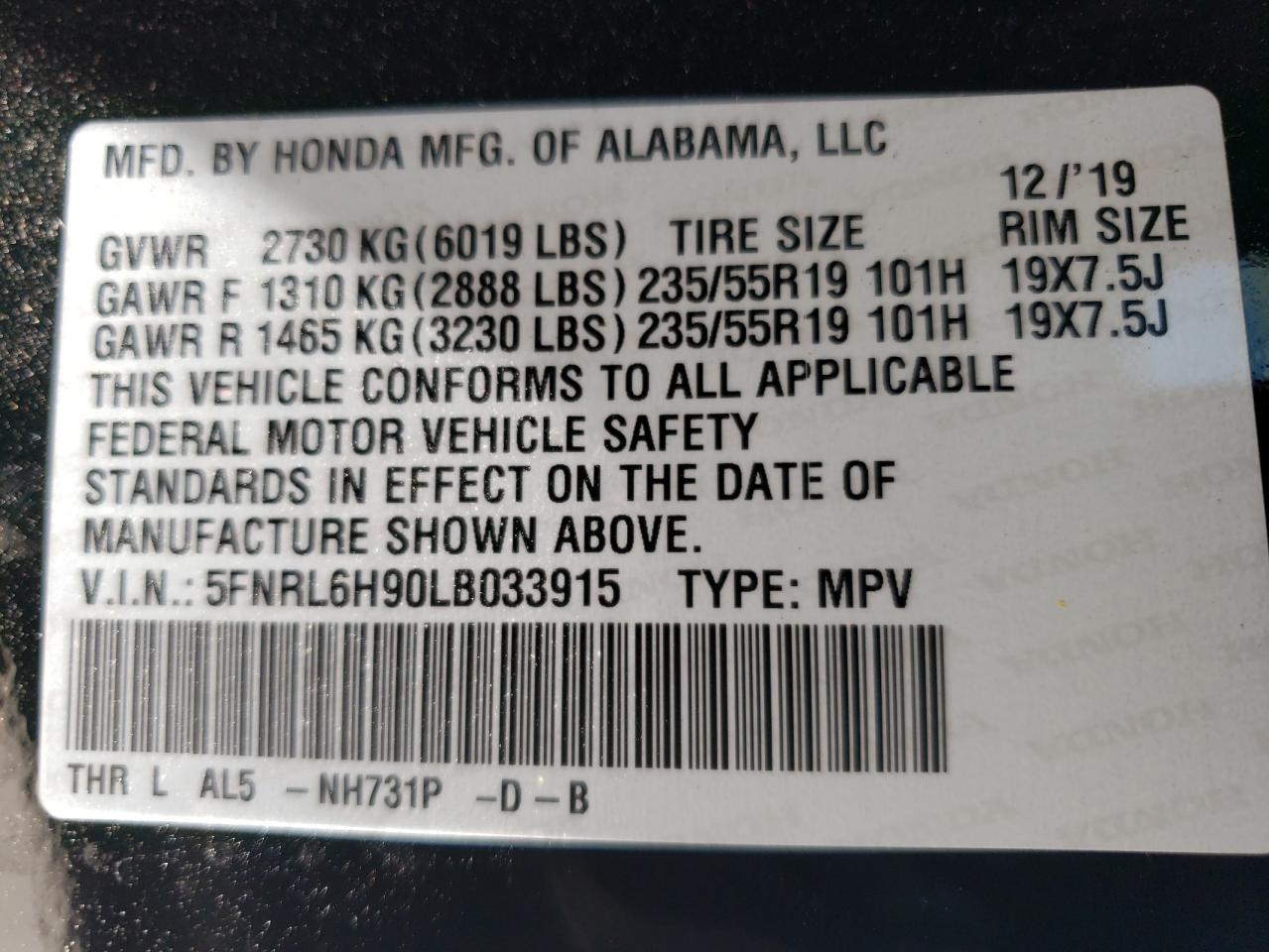 5FNRL6H90LB033915 2020 Honda Odyssey Elite