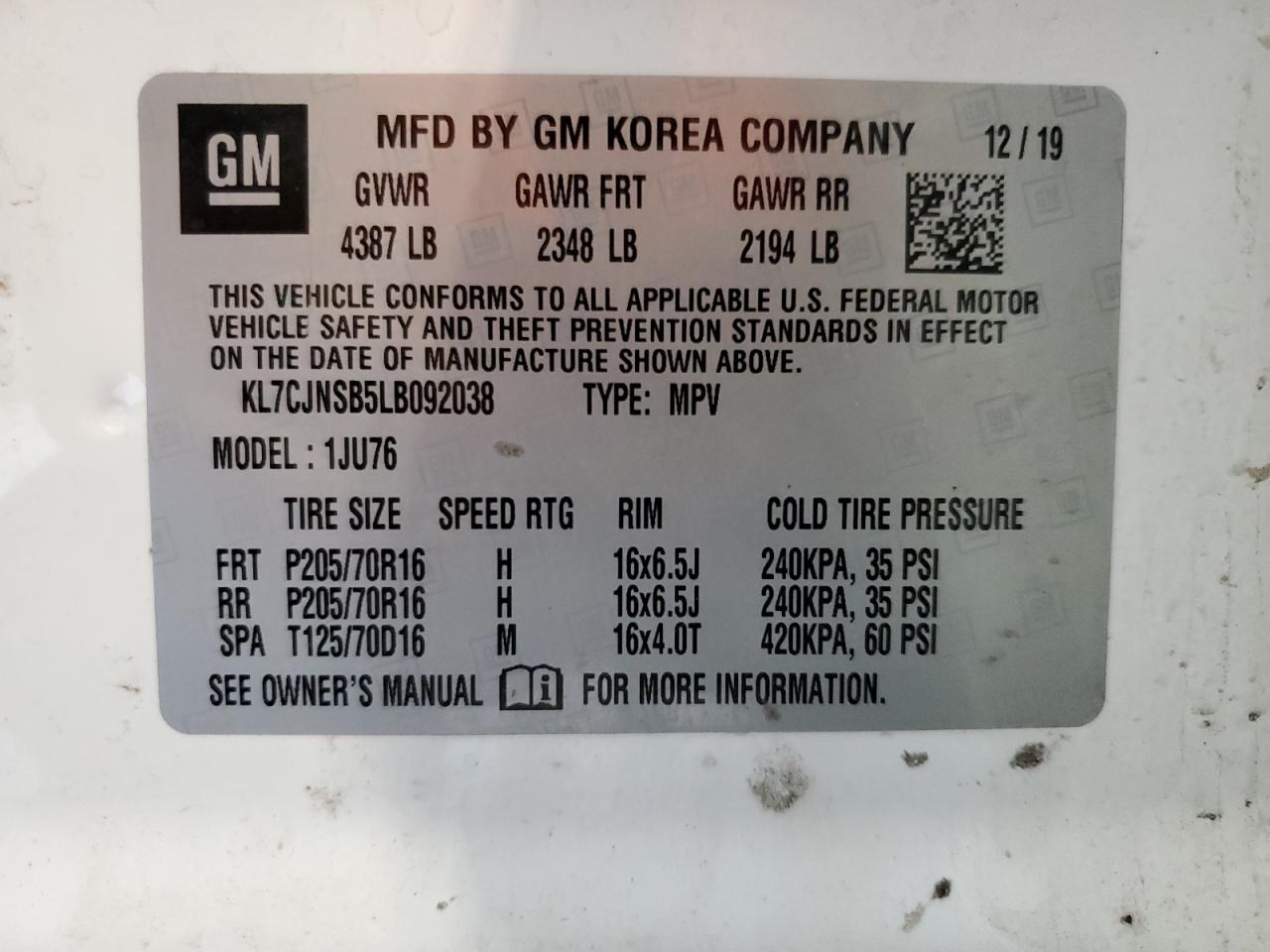 KL7CJNSB5LB092038 2020 Chevrolet Trax Ls