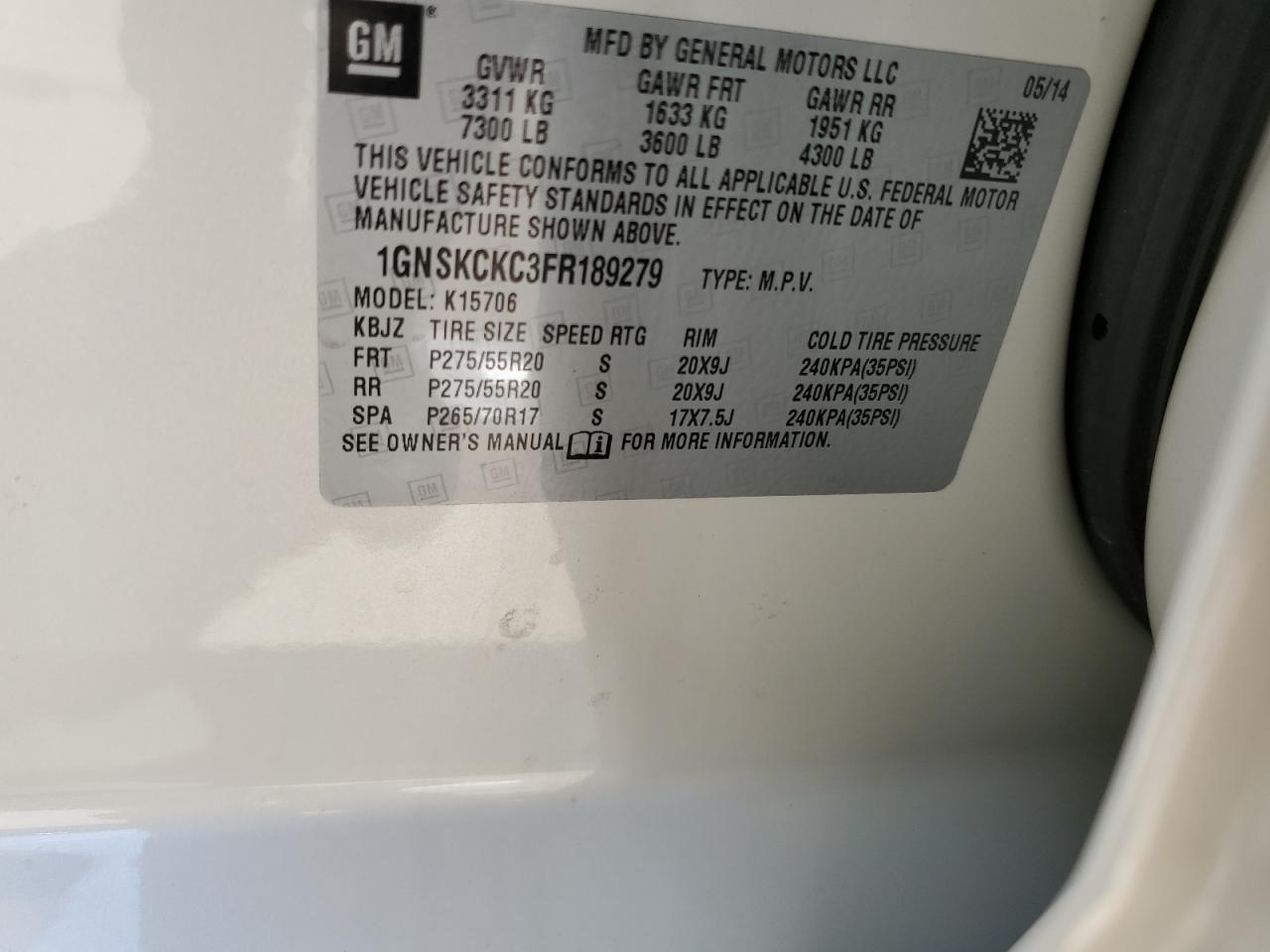 1GNSKCKC3FR189279 2015 Chevrolet Tahoe K1500 Ltz