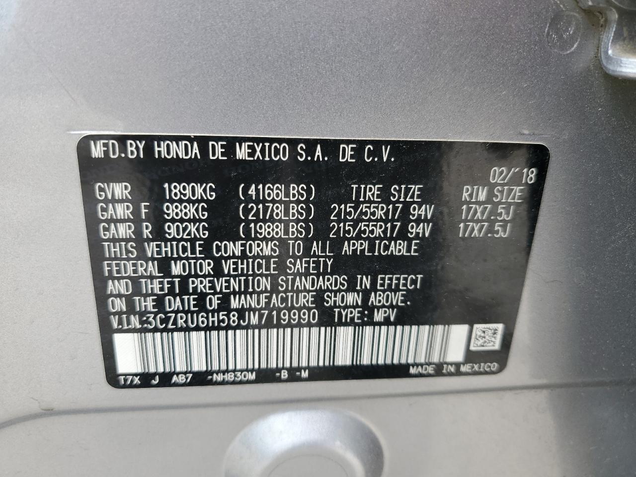 3CZRU6H58JM719990 2018 Honda Hr-V Ex