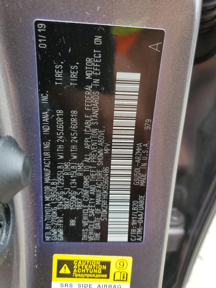 5TDKZRFH0KS560486 2019 Toyota Highlander Se