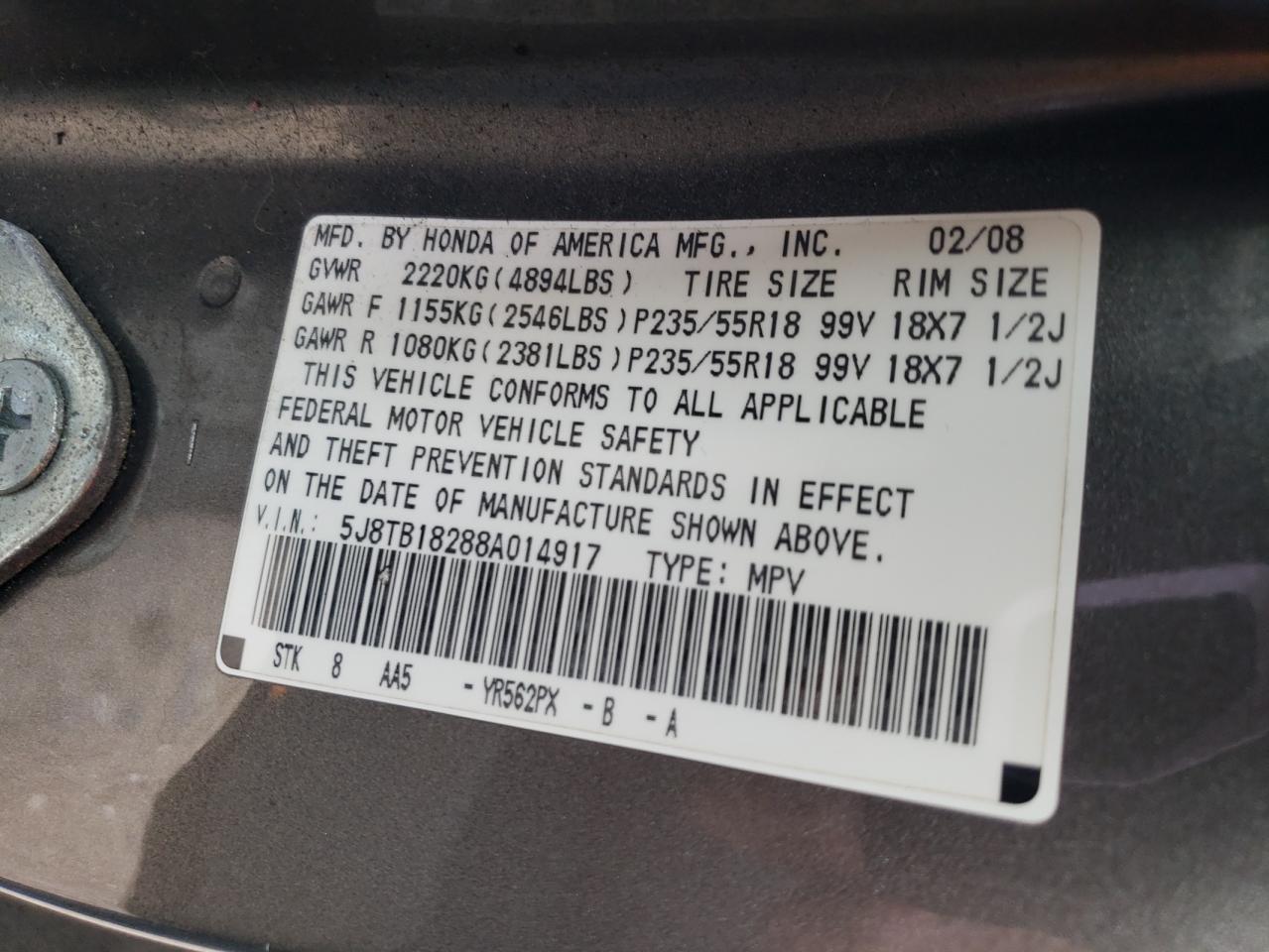 5J8TB18288A014917 2008 Acura Rdx