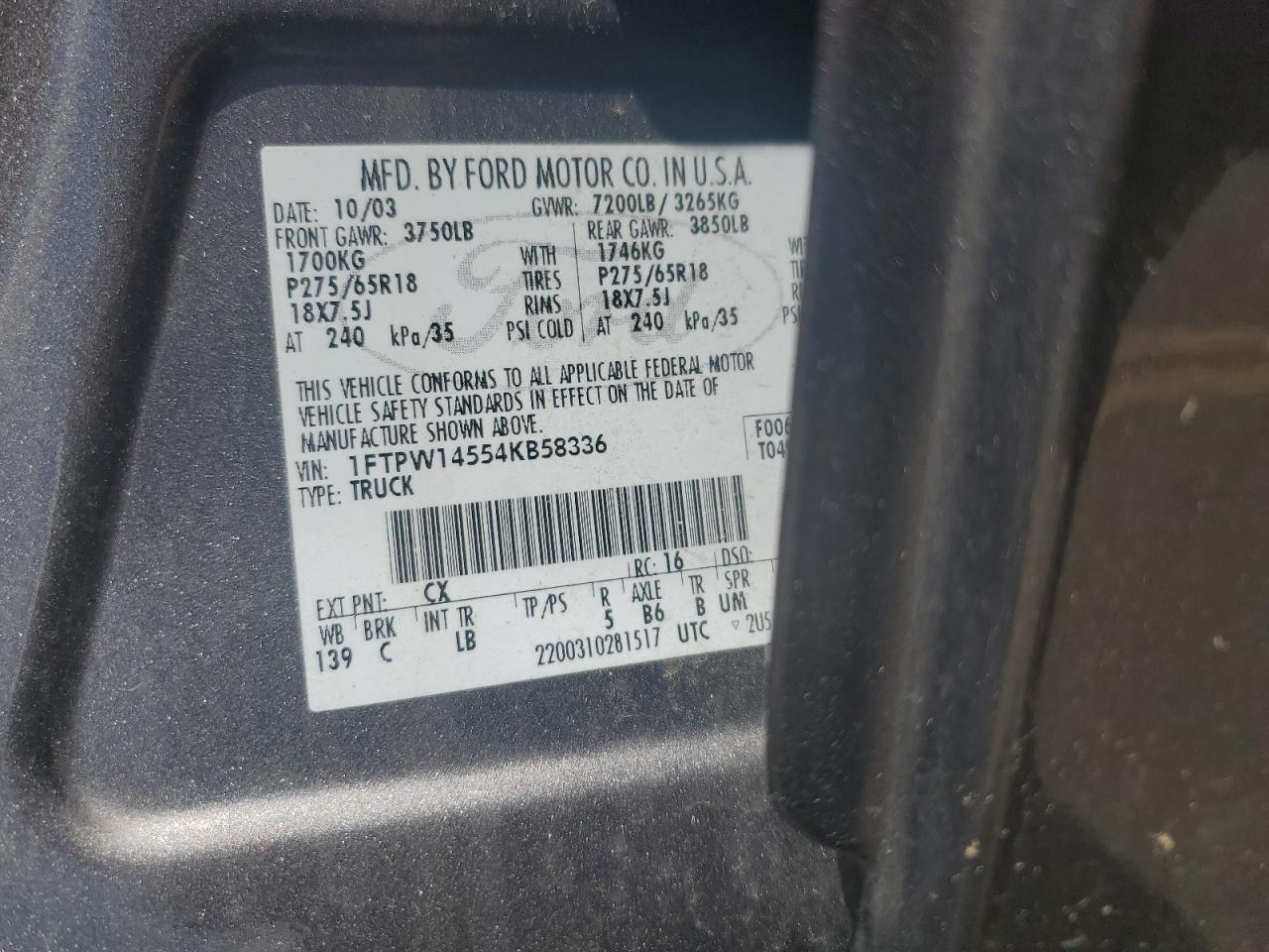 1FTPW14554KB58336 2004 Ford F150 Supercrew