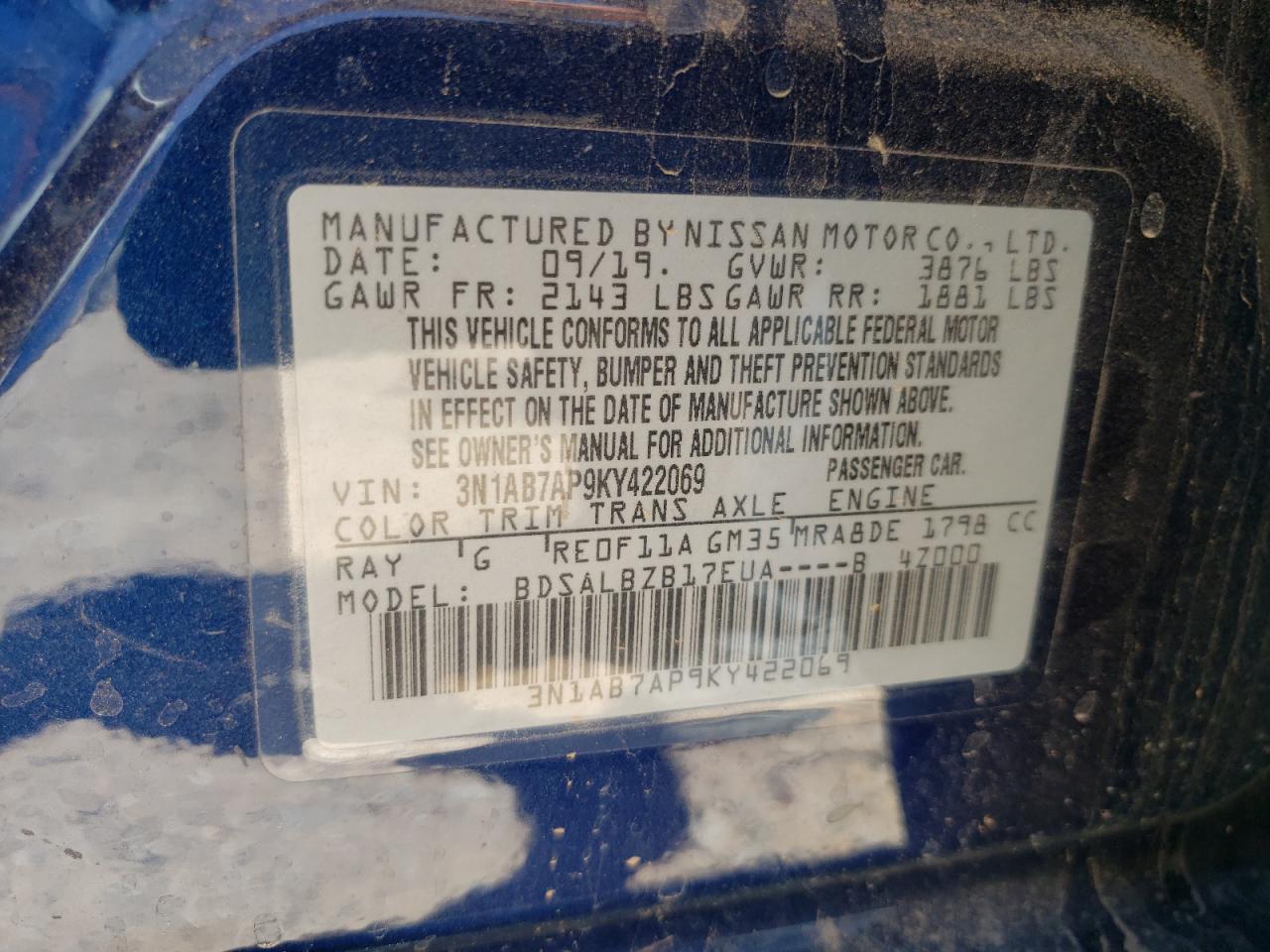 3N1AB7AP9KY422069 2019 Nissan Sentra S