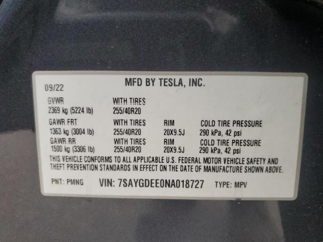 2022 Tesla Model Y VIN: 7SAYGDEE0NA018727 Lot: 56752004