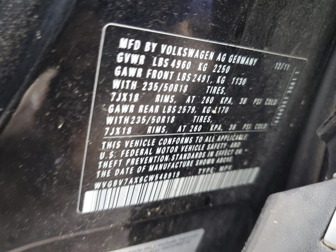 WVGBV7AX6CW548919 2012 Volkswagen Tiguan S