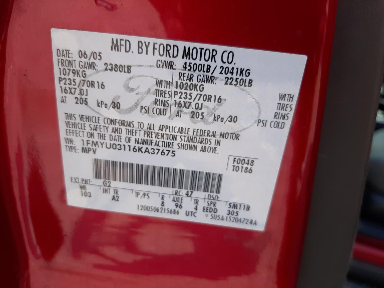 1FMYU03116KA37675 2006 Ford Escape Xlt