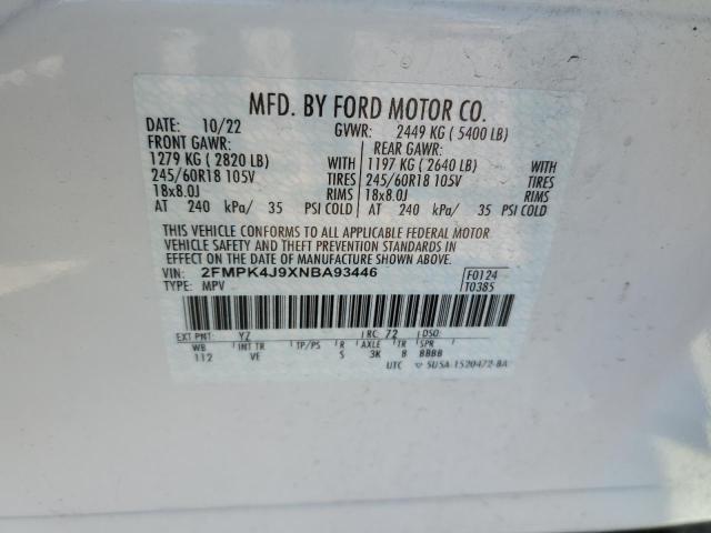 2022 Ford Edge Sel VIN: 2FMPK4J9XNBA93446 Lot: 54606584