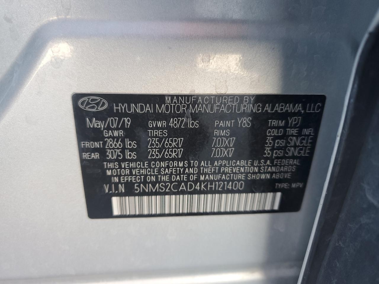 5NMS2CAD4KH121400 2019 Hyundai Santa Fe Se