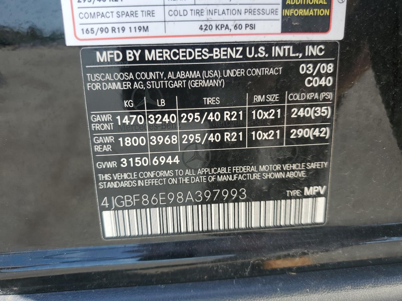 4JGBF86E98A397993 2008 Mercedes-Benz Gl 550 4Matic