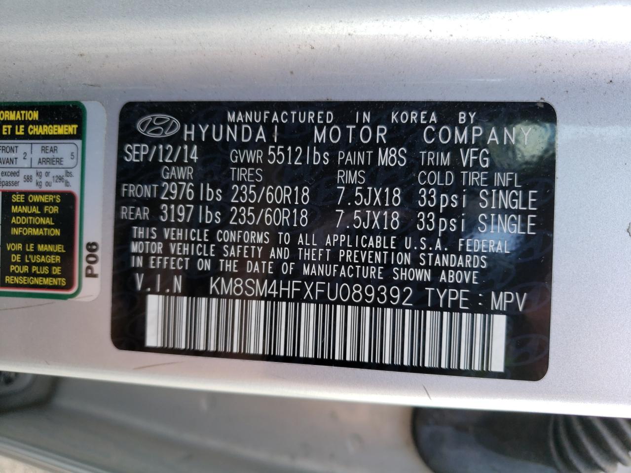 KM8SM4HFXFU089392 2015 Hyundai Santa Fe Gls