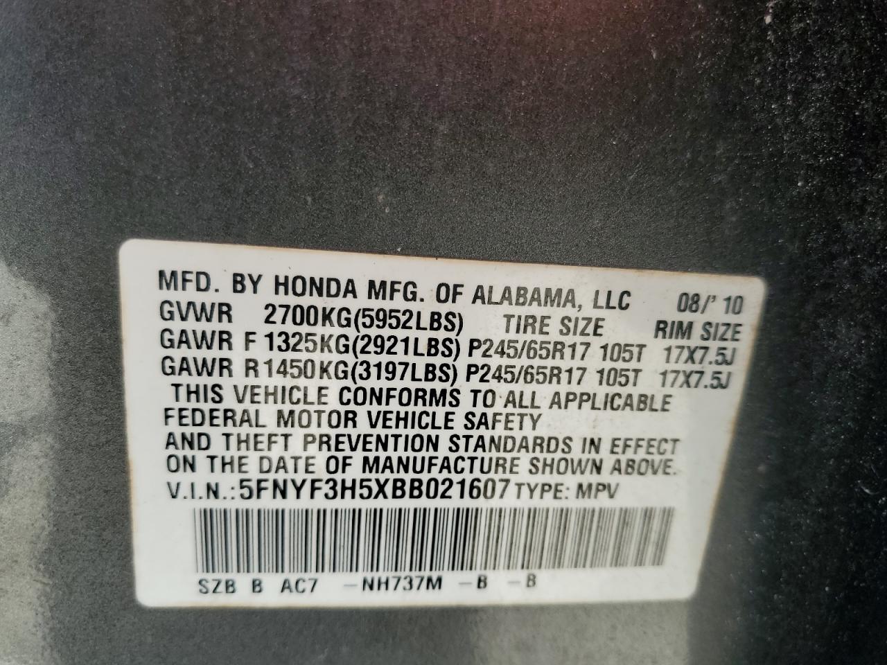 5FNYF3H5XBB021607 2011 Honda Pilot Exl