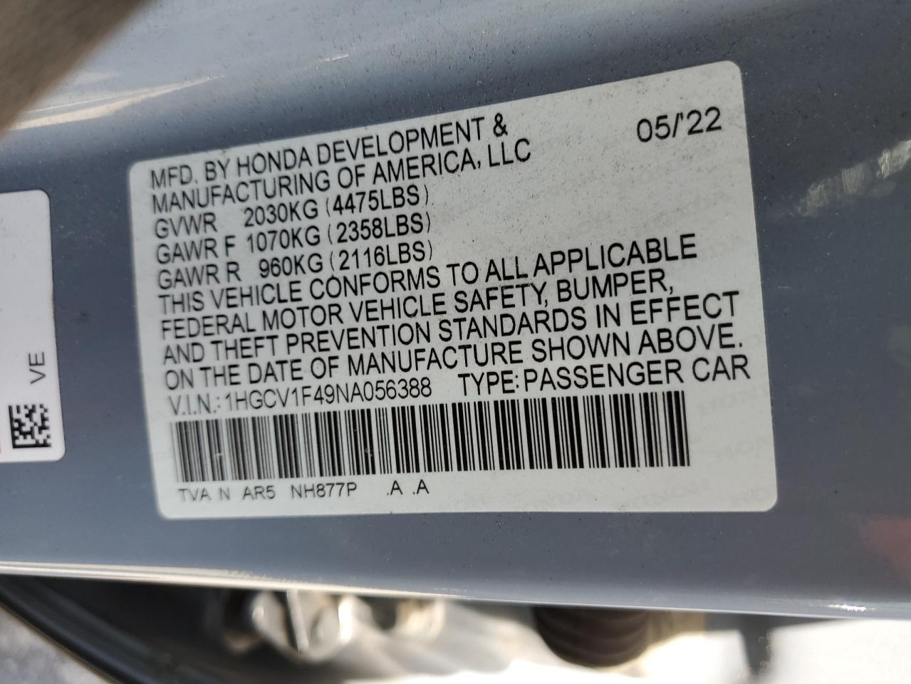 1HGCV1F49NA056388 2022 Honda Accord Sport Se