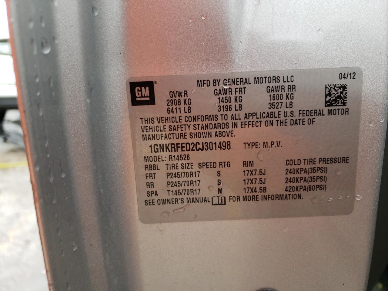 1GNKRFED2CJ301498 2012 Chevrolet Traverse Ls