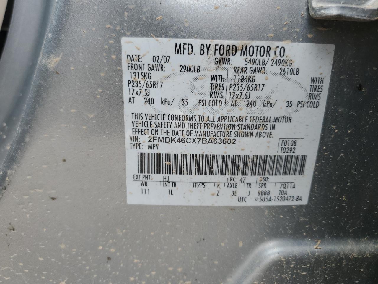 2FMDK46CX7BA63602 2007 Ford Edge Se