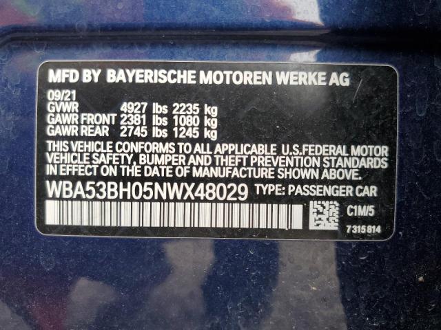 2022 BMW 530 I VIN: WBA53BH05NWX48029 Lot: 54369854