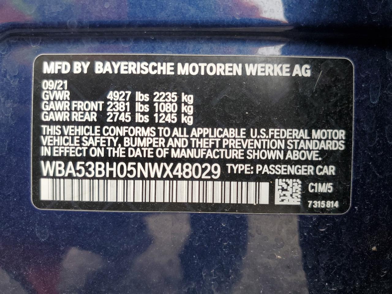 WBA53BH05NWX48029 2022 BMW 530 I