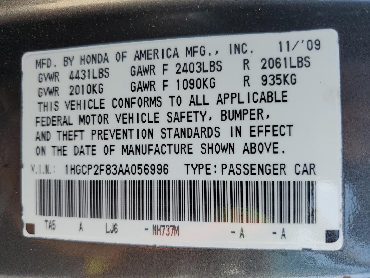 1HGCP2F83AA056996 2010 Honda Accord Exl