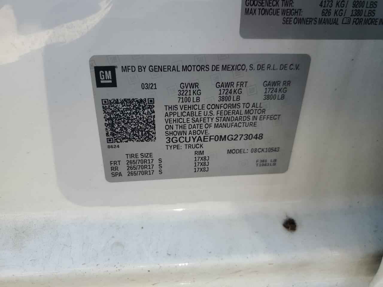 3GCUYAEF0MG273048 2021 Chevrolet Silverado K1500