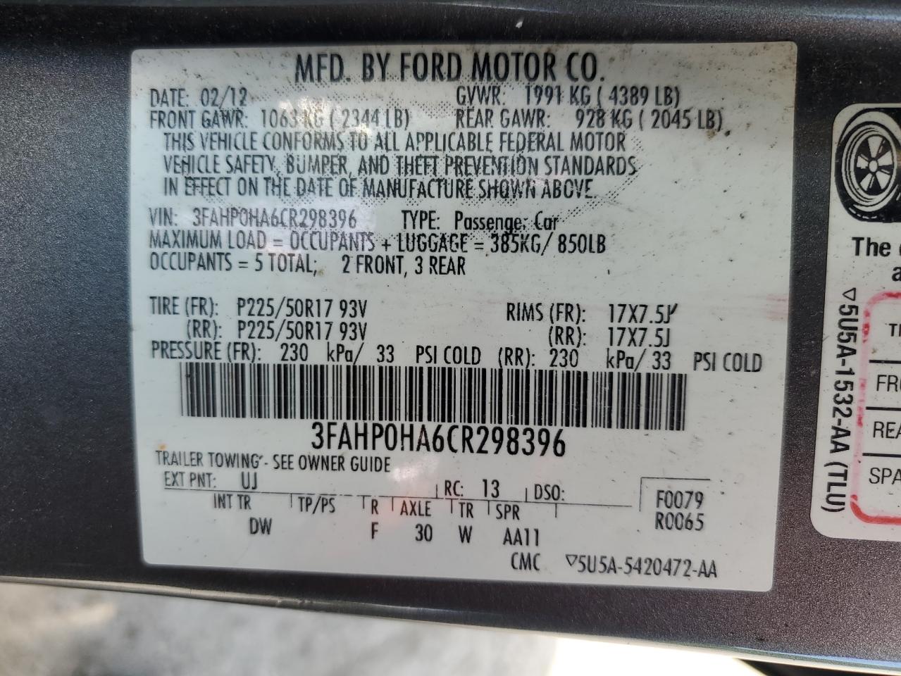 3FAHP0HA6CR298396 2012 Ford Fusion Se