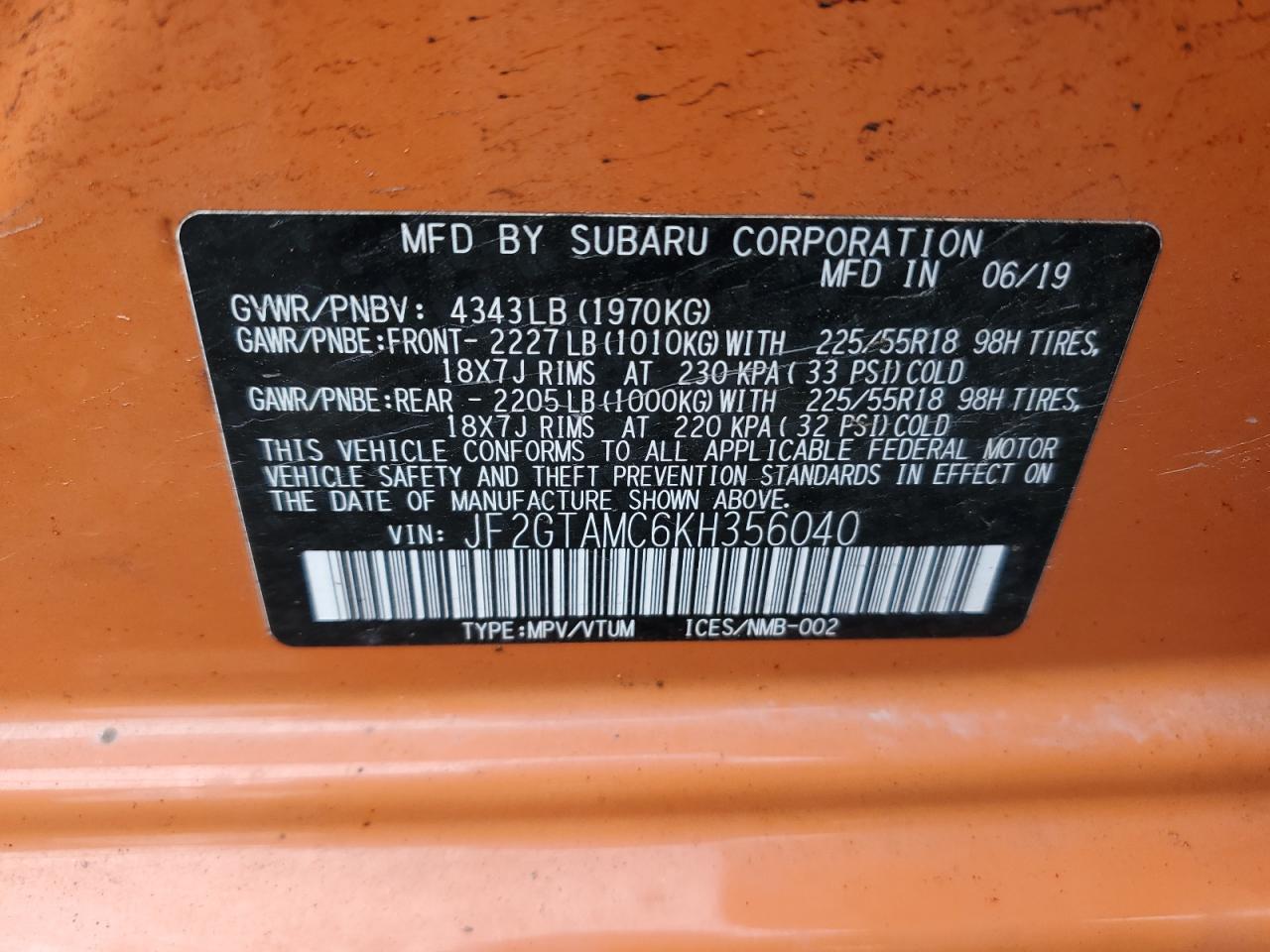 JF2GTAMC6KH356040 2019 Subaru Crosstrek Limited