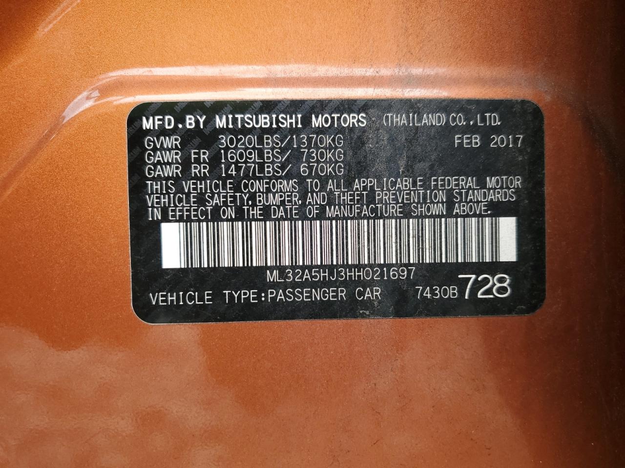 ML32A5HJ3HH021697 2017 Mitsubishi Mirage Gt