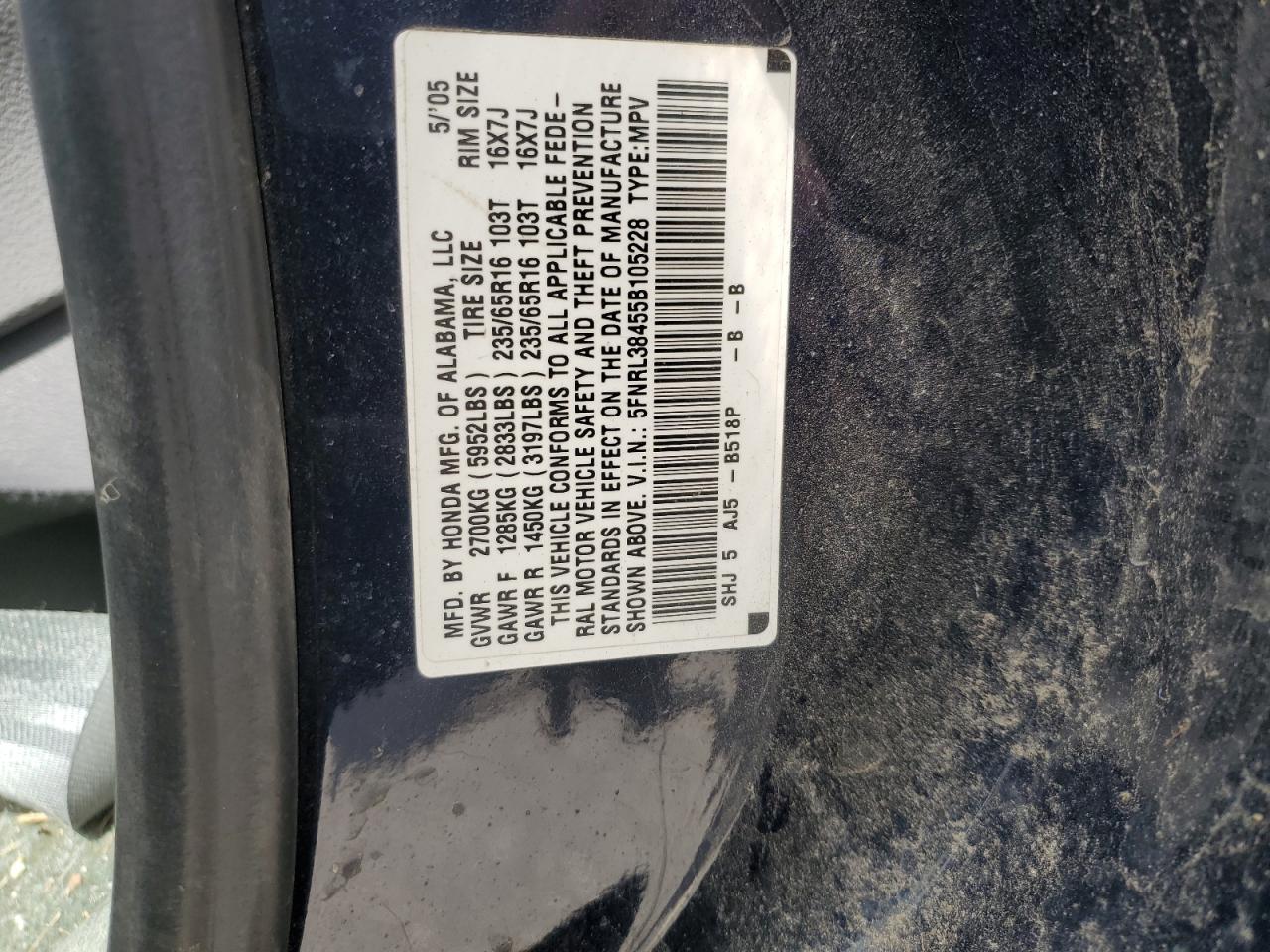 5FNRL38455B105228 2005 Honda Odyssey Ex