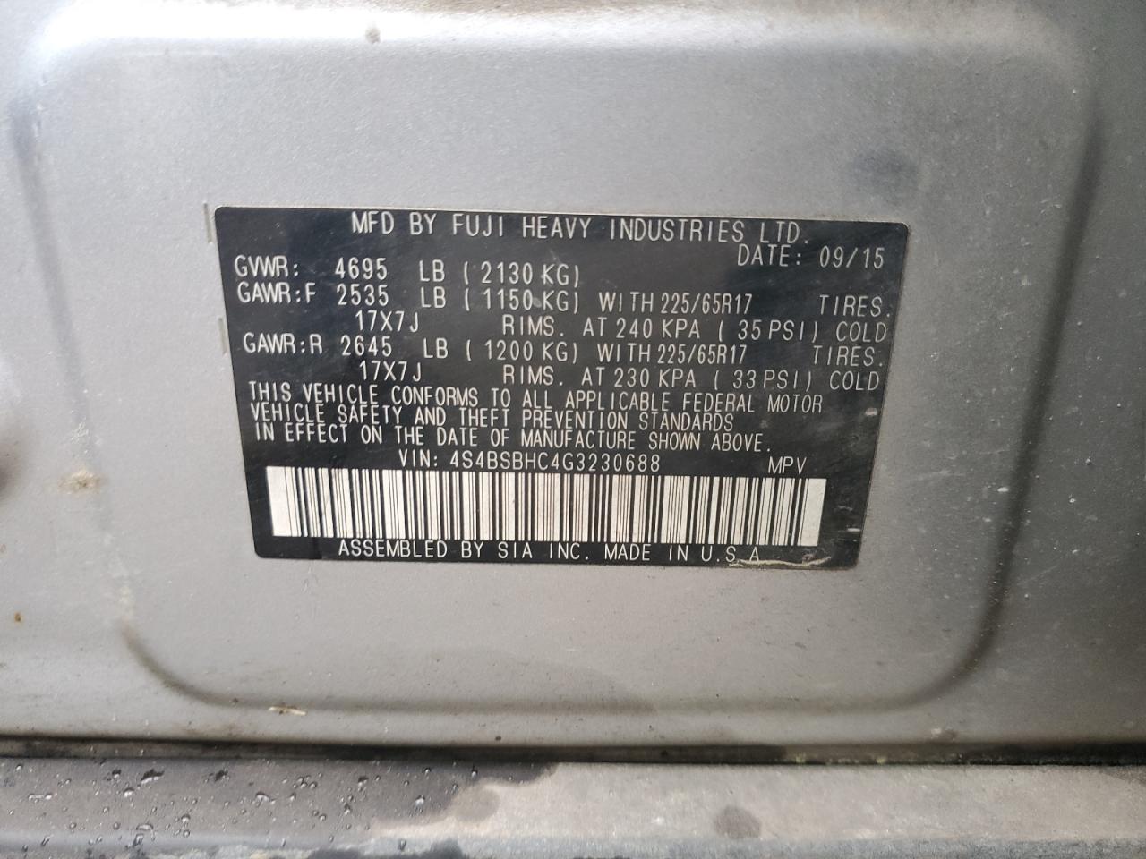 4S4BSBHC4G3230688 2016 Subaru Outback 2.5I Premium